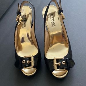 MICHAEL Kors Black Leather Gold Buckle Platform Slingback Block Heels 6.5